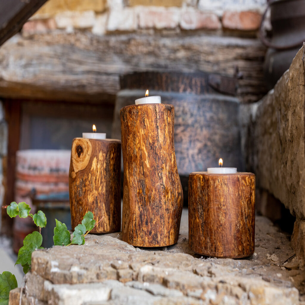 rustic olive wood candle holders trio