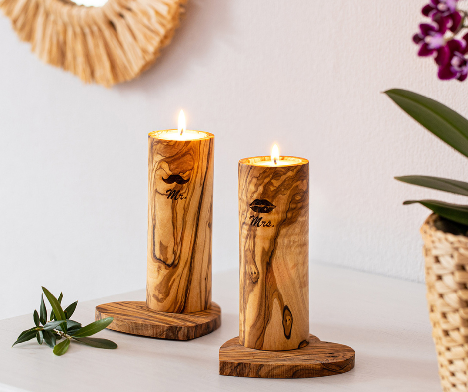 olive wood candle holders engraved