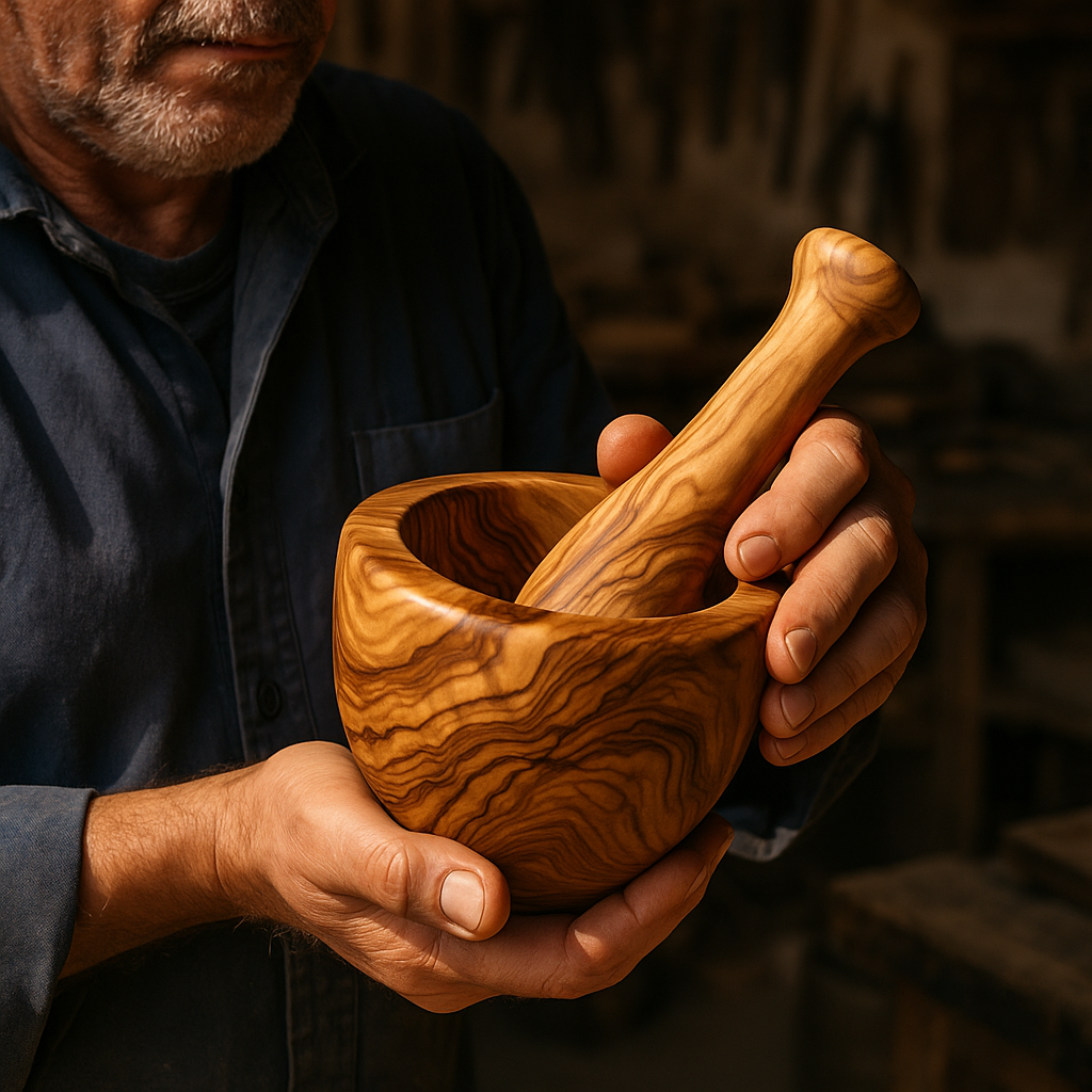 olive wood supplier holding an olive wood mortar and pestle