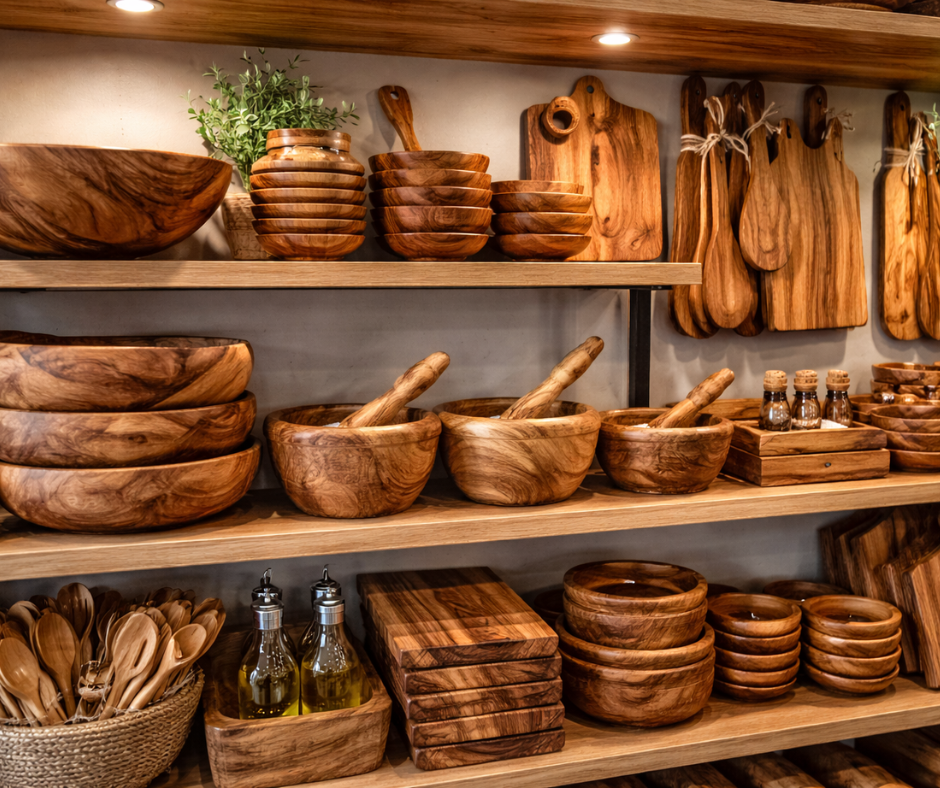 olive wood products on a boutique shelf