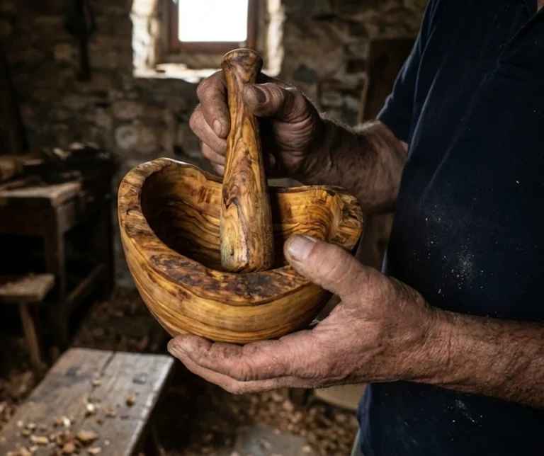 hands holding olive wood mortar and pestle