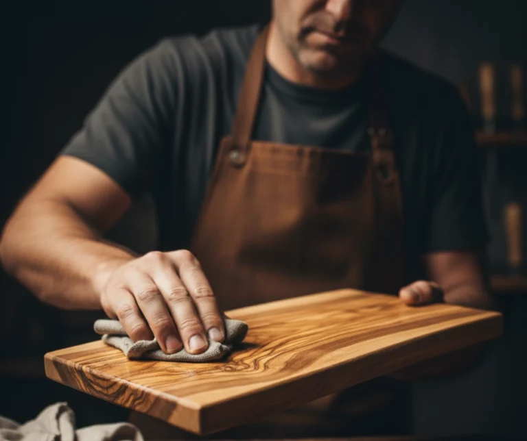 Artisan oiling olive wood board