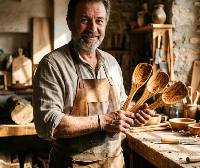 artisan holding olive wood kitchen utensils