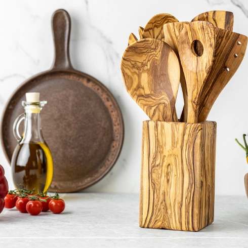 Tunisian olive wood utensils on kitchen counters